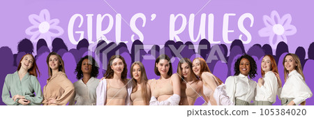 Banner. Portrait of young girls over painted purple background. Art work in drawing style. Horizontal. 105384020