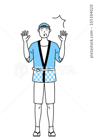 A senior man wearing a summer festival happi coat raising his hand in surprise 105384028