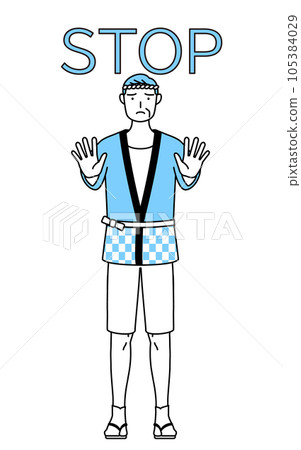 A senior man wearing a summer festival coat that puts his hand in front of his body to signal the stop 105384029