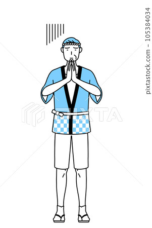 A senior man wearing a summer festival coat to apologize with his hands in front of his body 105384034