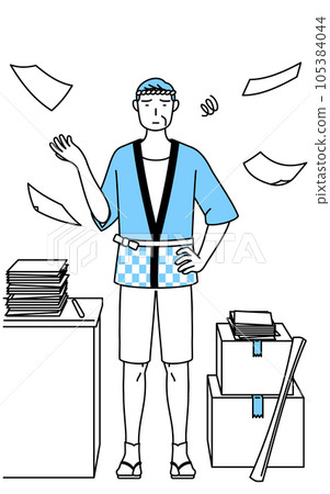 A senior man wearing a summer festival happi coat who is tired of untidy work A senior man wearing a summer festival happi coat who is tired of untidy work 105384044
