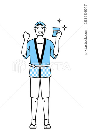 A senior man wearing a summer festival happi coat who is pleased to see a bankbook A senior man wearing a summer festival happi coat who is pleased to see a bankbook 105384047