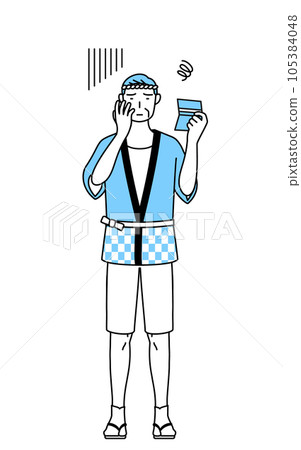 A senior man wearing a summer festival happi coat who is depressed looking at the bankbook 105384048