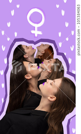 Creative vertical image of women with closed eyes and heads up, dressed in black jackets over painted background with venus sign in centre. 105384063
