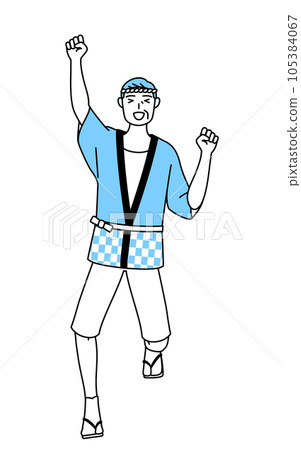 A senior man wearing a summer festival happi coat jumping with a smile 105384067