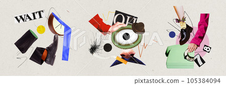 Creative multiple banner. Contemporary art collage of time management with retro things. 105384094
