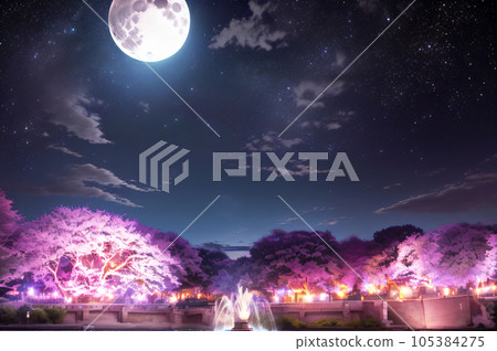 AI圖像滿月和夜晚櫻花 105384275