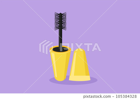 Character flat drawing stylized mascara bottles logotype label icon symbol. Brush and mascara tube. Black wand and golden tube. Fashionable cosmetic makeup for eyes. Cartoon design vector illustration Character flat drawing stylized mascara bottles logotype label icon symbol. Brush and mascara tube. Black wand and golden tube. Fashionable cosmetic makeup for eyes. Cartoon design vector illustration 105384328