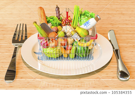 Dinner plate with shopping basket full of products, 3d rendering 105384355