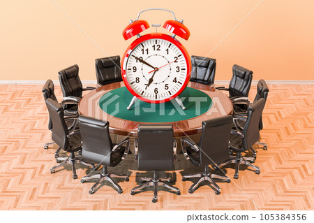Round table with alarm clock and armchairs around, 3D rendering Round table with alarm clock and armchairs around, 3D rendering 105384356