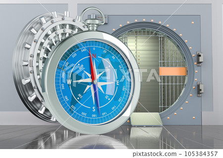 Compass with opened bank vault, 3D rendering 105384357