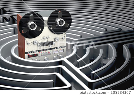 Reel-to-reel tape recorder inside labyrinth maze. 3D rendering Reel-to-reel tape recorder inside labyrinth maze. 3D rendering 105384367