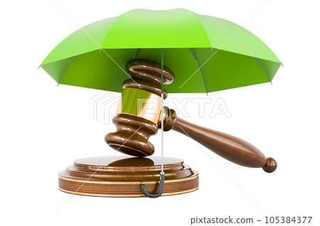 Wooden gavel under umbrella, 3D rendering Wooden gavel under umbrella, 3D rendering 105384377