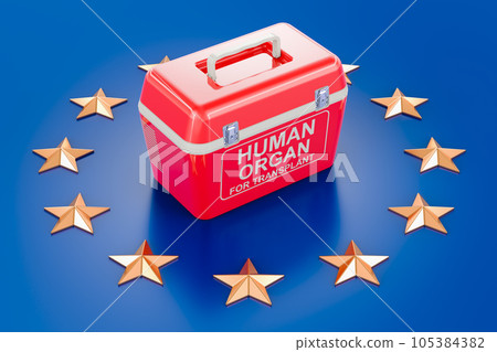 Portable fridge for transporting donor organs on the European Union flag. 3D rendering 105384382