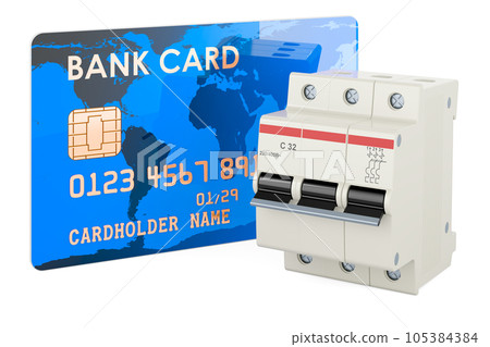 Circuit breaker with credit card, 3D rendering Circuit breaker with credit card, 3D rendering 105384384