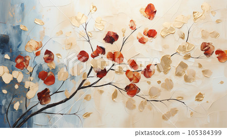 林帕風格的秋天植物的表現，與秋天的樹葉一起閃耀著金色的光芒 105384399