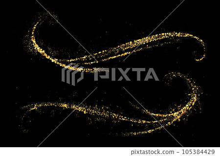 Gold glitter abstract waves on a black background, the set waves gold glitters. Gold glitter abstract waves on a black background, the set waves gold glitters. 105384429