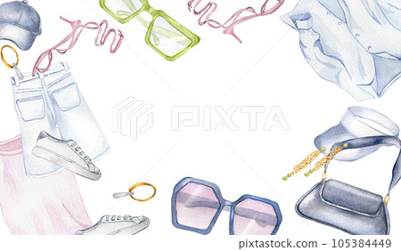 Banner of woman's summer clothes watercolor illustration isolated on white. Woman's stylish outfit of shirt, shorts, sunglasses hand drawn. Design for shop, sale, magazine, package, showcase, label 105384449