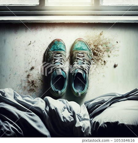 Dirty running shoes by the bed at home. Dirty running shoes by the bed at home. 105384616