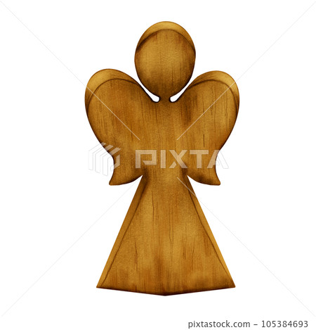 Wooden angel figurine digital illustration watercolor style isolated on white. Angel Christmas symbol with wings, wooden toy hand drawn. Element for design invitation, card, new year design, print 105384693