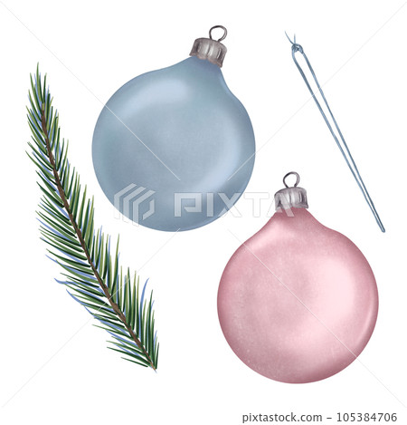 Christmas glass balls and spruce branch digital watercolor style illustration isolated on white. Set of New year decoration, conifer tree hand drawn. Design for invitation, holiday card, print 105384706