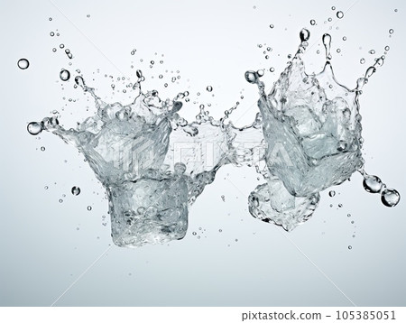 Ice cubes splashing into.the water on clear transparent background, frozen crystals with water drops Ice cubes splashing into.the water on clear transparent background, frozen crystals with water drops 105385051