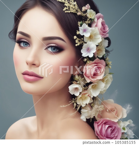 beautiful woman with flowers for advertising perfumes or cosmetics 105385155