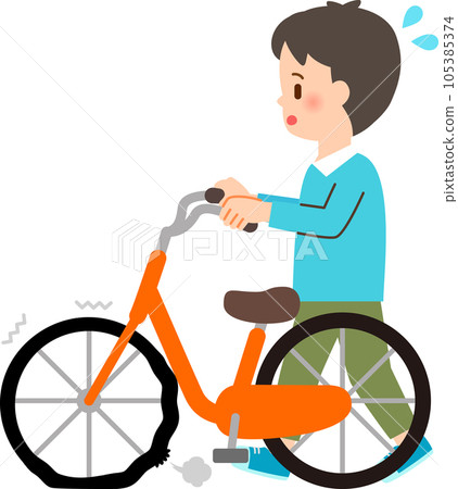 A man pushing a bicycle with a punctured tire 105385374