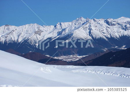 Mountain with snow. Alps. Switzerland. Panoramic view of the Snowy Alps and blue sky around the Titlis mountain. French Alps. Alpine mountains. Descent peaks on the Austrian snow slopes. ski slopes. Mountain with snow. Alps. Switzerland. Panoramic view of the Snowy Alps and blue sky around the Titlis mountain. French Alps. Alpine mountains. Descent peaks on the Austrian snow slopes. ski slopes. 105385525