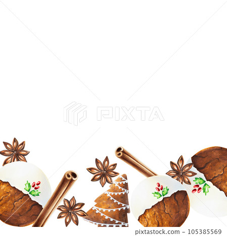 Watercolor Christmas frame with crispy gingerbread cookies with icing, cinnamon and anise star. New year hand painting spices isolated on white background. For designers, food decoration, menu, shop, 105385569