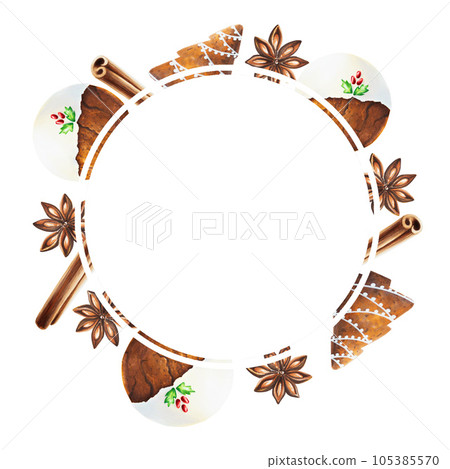Watercolor Christmas frame with crispy gingerbread cookies with icing, cinnamon and anise stars. New year hand painting logo with spices isolated on white background. For designers, food decoration, 105385570