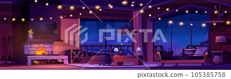 Fireplace, garland in night winter chalet interior 105385758