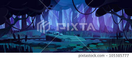 Spooky night forest landscape with swamp 105385777