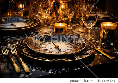 New Year black table setting with golden decorations on black background for festive dinner and party. New Year black table setting with golden decorations on black background for festive dinner and party. 105386125