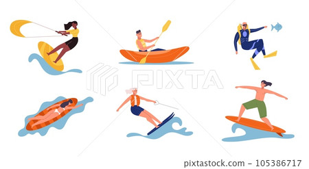 Beach and water activities people, surfing and kiting Beach and water activities people, surfing and kiting 105386717