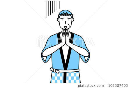 A senior man wearing a summer festival coat to apologize with his hands in front of his body A senior man wearing a summer festival coat to apologize with his hands in front of his body 105387403