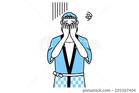A senior man wearing a summer festival happi coat covering his face with depression A senior man wearing a summer festival happi coat covering his face with depression 105387404