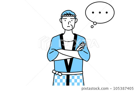 A senior man wearing a summer festival happi coat thinking with his arms crossed A senior man wearing a summer festival happi coat thinking with his arms crossed 105387405