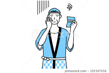 一位穿著夏日節日快樂大衣的老人，沮喪地看著銀行存摺 105387416