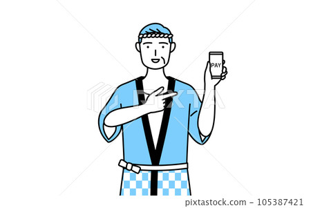 A senior man wearing a summer festival happi coat recommending cashless and online payment of smartphones 105387421