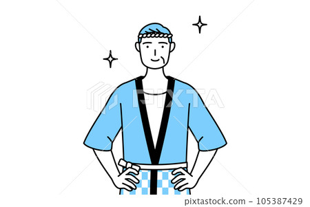 A senior man wearing a summer festival coat with his hands on his hips 105387429