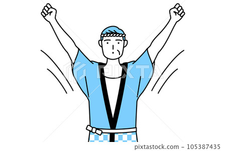 Senior man wearing a summer festival happi coat doing radio exercises Senior man wearing a summer festival happi coat doing radio exercises 105387435