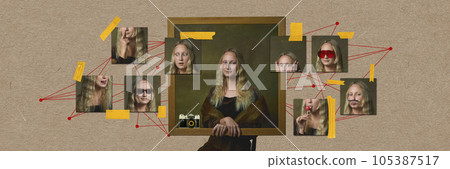 Beautiful female model as classic historical character in modern variation over pastel background. Contemporary art collage. Beautiful female model as classic historical character in modern variation over pastel background. Contemporary art collage. 105387517