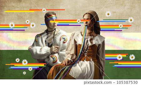 Two women, medieval persons sitting with rainbow elements meaning support of lgbt community. Contemporary art collage. Two women, medieval persons sitting with rainbow elements meaning support of lgbt community. Contemporary art collage. 105387530