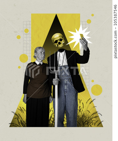 Contemporary art collage. Elderly man and woman in art performance, replica of painting american gothic. Contemporary art collage. Elderly man and woman in art performance, replica of painting american gothic. 105387546