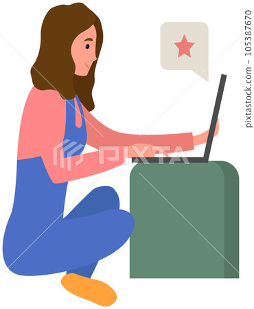 Girl sitts with laptop and clicks star icon. Distance learning, freelance and internet surfing Girl sitts with laptop and clicks star icon. Distance learning, freelance and internet surfing 105387670