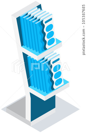 Book shelf with books or brochures, promotional items or samples. Bookstore traiding equipment Book shelf with books or brochures, promotional items or samples. Bookstore traiding equipment 105387685