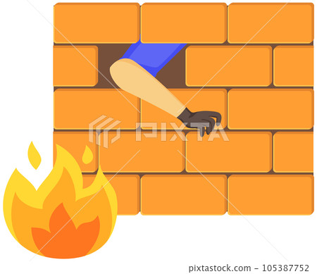 Thief is trying to crack brick wall. Robber breaks front door to house or apartment. Criminal scene 105387752