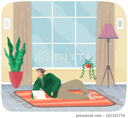 Man lying on couch with computer, holding laptop and correspondence surfing in Internet, typing 105387778