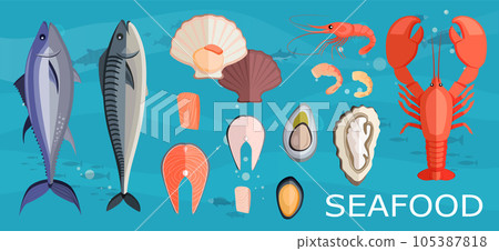 Tuna, lobster, oyster, mussel, shrimps on blue background. Fish products, seafood recipe ingredients Tuna, lobster, oyster, mussel, shrimps on blue background. Fish products, seafood recipe ingredients 105387818